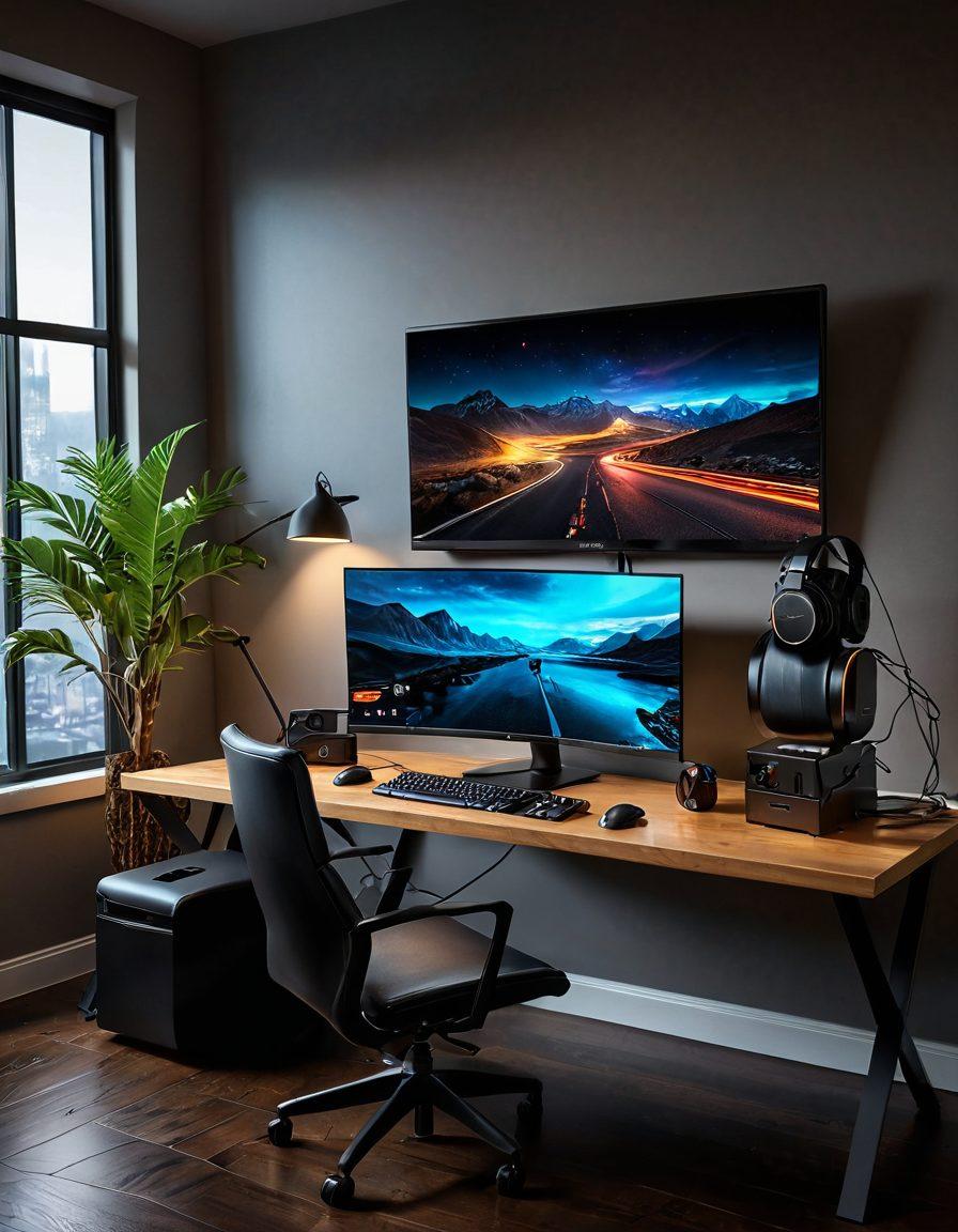 A modern, sleek workspace featuring an ultra-HD monitor displaying an engaging XPlayer interface with streaming content. Surrounding elements include a comfortable gaming chair, quality headphones, and notes with tips and tricks for seamless streaming. The scene is lit with ambient lighting to create a cozy, tech-savvy atmosphere. super-realistic. vibrant colors. 3D.