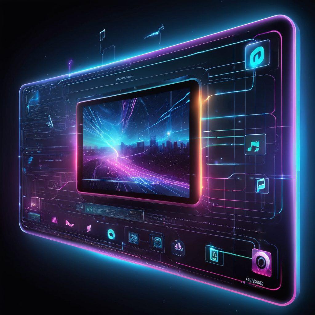 A dynamic digital illustration of a sleek media player interface showcasing vibrant video and music streaming icons, with a user effortlessly controlling playback on a futuristic holographic screen. Include glowing connection lines symbolizing seamless streaming and the power of technology. Surrounding elements like music notes and film reels add excitement and creativity. super-realistic. vibrant colors. modern design.